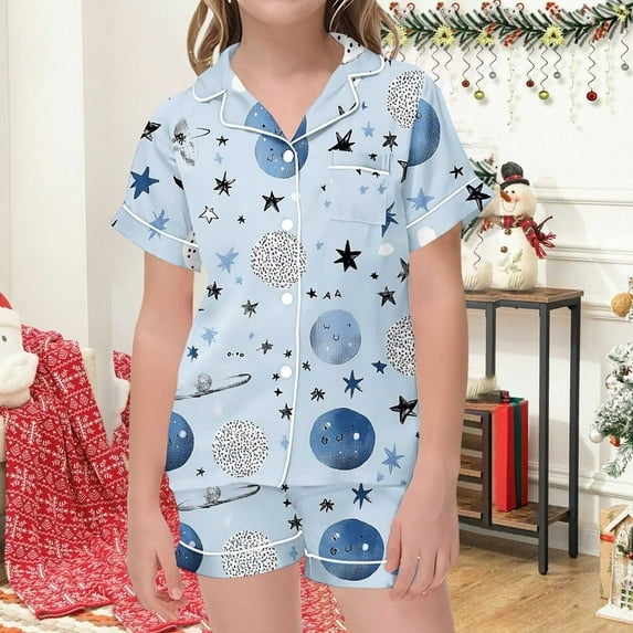 Spazoro Little & Big Girls Pajamas Sets, 2-Pieces Satin Summer Graphic Print Short Sleeve Shirt and Shorts Sets Multicolor Size 4-5T