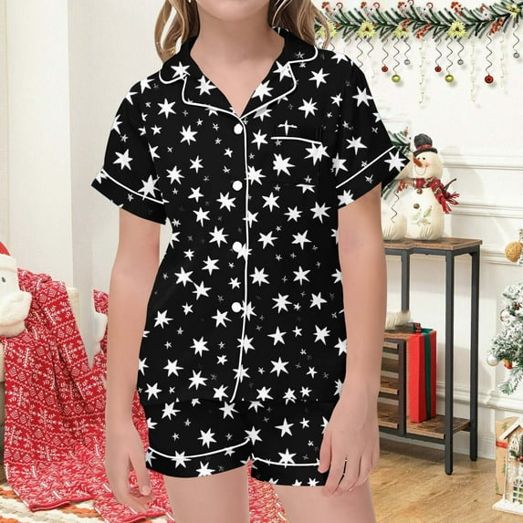 Spazoro Little & Big Girls Pajamas Sets, 2-Pieces Summer Graphic Print Satin Short Sleeve Shirt and Shorts Sets Black Size 3-4T