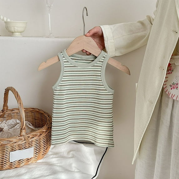 Spazoro Little Girls Tank Tops Undershirts, Breathable 100%Cotton Summer Sleeveless Striped Camisole for Kids Girls Boys Green Size 4 T