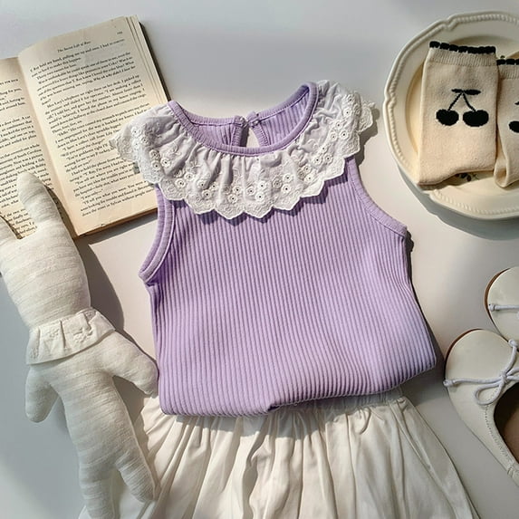 Spazoro Little Girls Tank Tops Undershirts, Breathable Sleeveless Striped Summer Camisole for Kids Girls Boys Purple Size 7 T