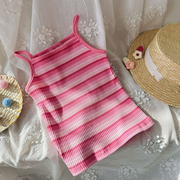 Spazoro Little Girls Tank Tops Undershirts, Sleeveless Striped Breathable 100%Cotton Summer Camisole for Kids Girls Boys Hot Pink Size 4 T