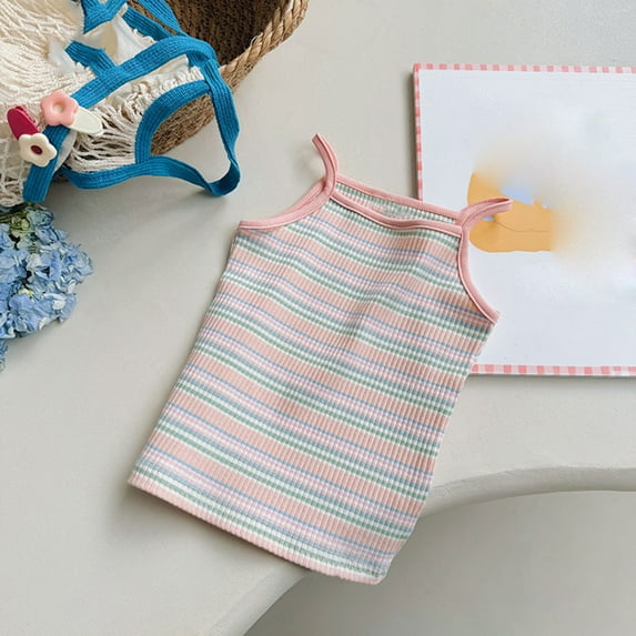 Spazoro Little Girls Tank Tops Undershirts, Sleeveless Striped Summer Breathable 100%Cotton Camisole for Kids Girls Boys Pink Size 2 T