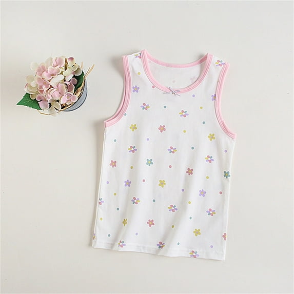 Spazoro Little Girls Tank Tops Undershirts, Summer Breathable 100%Cotton Floral Print Sleeveless Camisole for Kids Girls Boys White Size 7 T