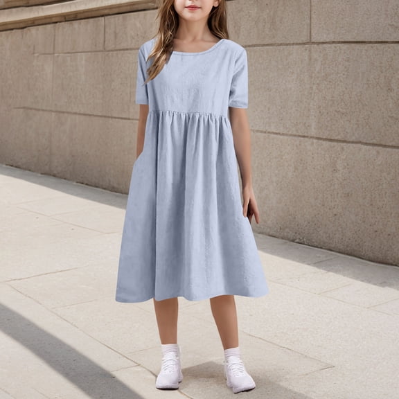 Spazoro Little and Big Girls A-line Dresses, Round Neck Comfortable Solid Color Short Sleeve Casual Dresses for Girls Light Blue Size 5-6T