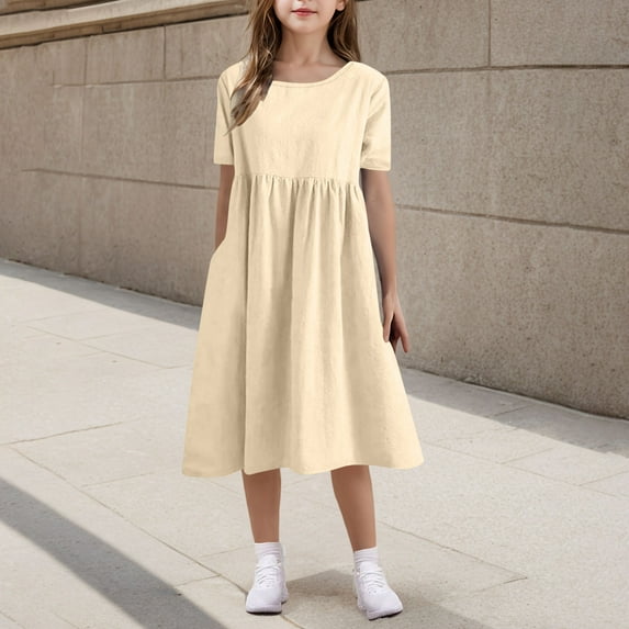 Spazoro Little and Big Girls A-line Dresses, Round Neck Solid Color Short Sleeve Comfortable Casual Dresses for Girls Beige Size 7-8T