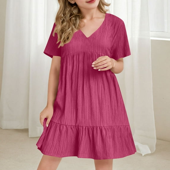 Spazoro Little and Big Girls A-line Dresses, Solid Color Short Sleeve V-Neck Comfortable Casual Dresses for Girls Hot Pink Size 5-6T