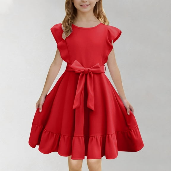 Spazoro Little and Big Girls A-line Dresses, Solid Color Waist Cinched Round Neck Ruffle Sleeve Casual Dresses for Girls Red Size 12 T