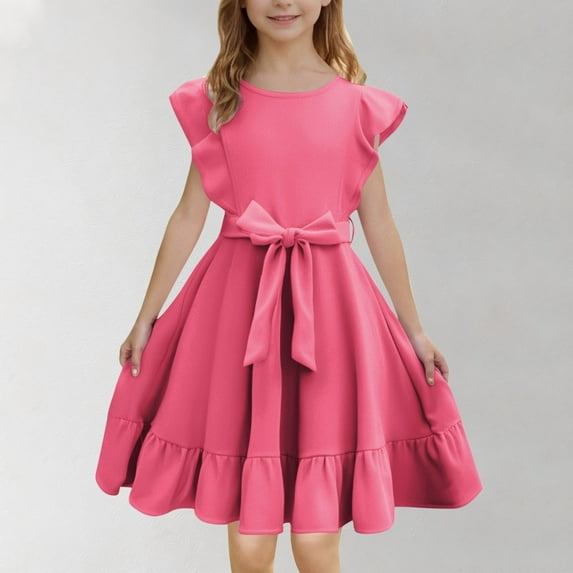 Spazoro Little and Big Girls A-line Dresses, Waist Cinched Ruffle Sleeve Round Neck Solid Color Casual Dresses for Girls Hot Pink Size 11 T