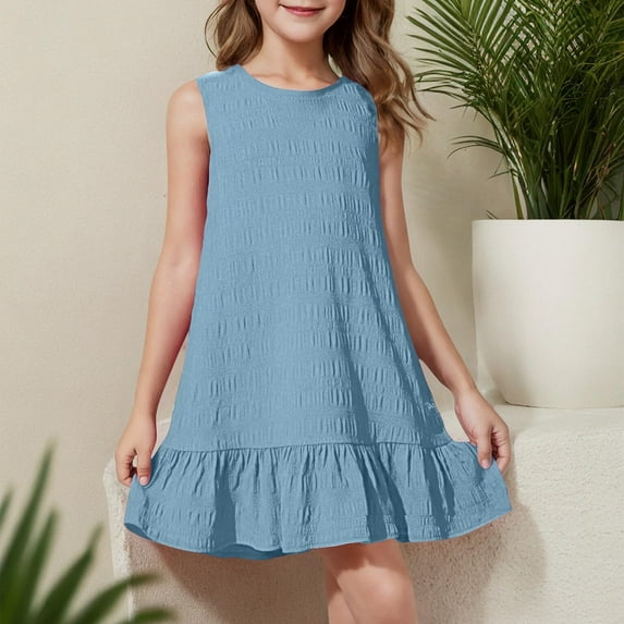 Spazoro Little and Big Girls Dresses, Comfortable Round Neck Solid Color Sleeveless Casual Dresses for Girls Light Blue Size 3 T