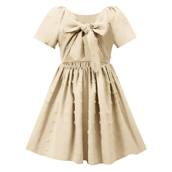Spazoro Little and Big Girls Dresses, Round Neck Bowknot Back Hollow Solid Color Short Sleeve Casual Dresses for Girls Beige Size 11 T