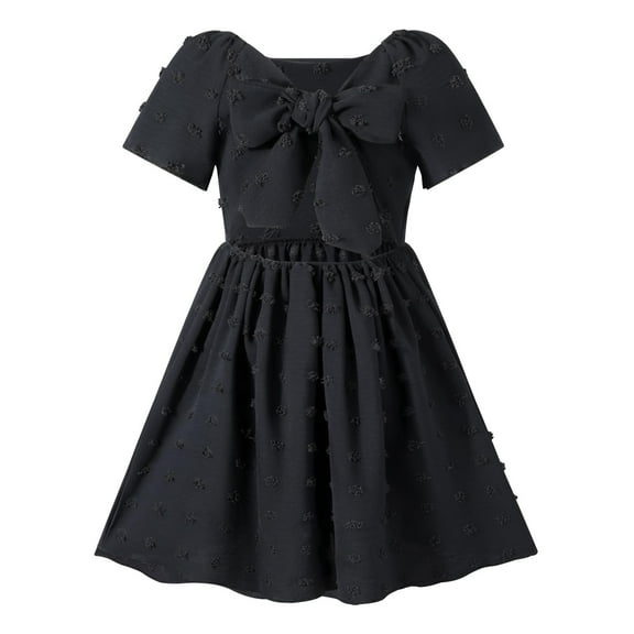 Spazoro Little and Big Girls Dresses, Round Neck Bowknot Back Hollow Solid Color Short Sleeve Casual Dresses for Girls Black Size 7 T