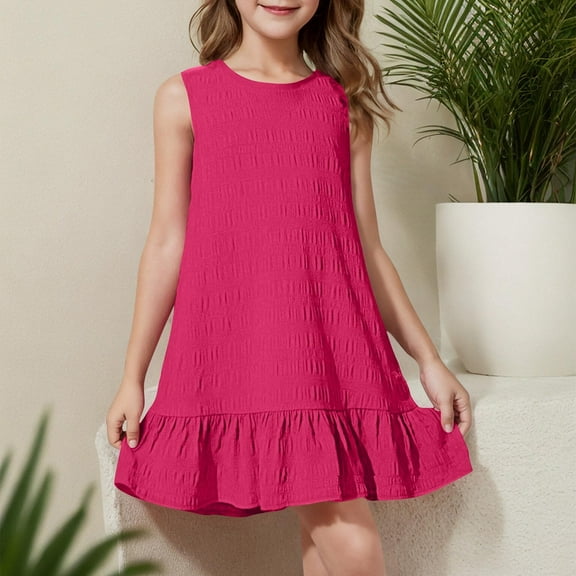 Spazoro Little and Big Girls Dresses, Round Neck Comfortable Sleeveless Solid Color Casual Dresses for Girls Hot Pink Size 9 T