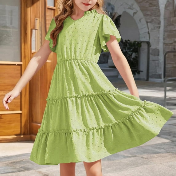 Spazoro Little and Big Girls Dresses, Round Neck Ruffle Sleeve Solid Color Waist Cinched Casual Dresses for Girls Army Green Size 7-8T