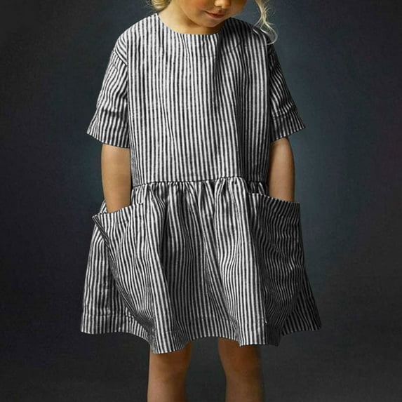 Spazoro Little and Big Girls Dresses, Round Neck with Pockets Solid Color Short Sleeve Casual Dresses for Girls Black Size 3-4 T