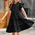 thumbnail image 1 of Spazoro Little and Big Girls Dresses, Ruffle Sleeve Round Neck Solid Color Waist Cinched Casual Dresses for Girls Black Size 13-14T, 1 of 9