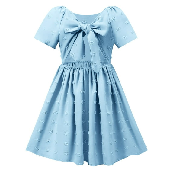 Spazoro Little and Big Girls Dresses, Short Sleeve Bowknot Back Hollow Solid Color Round Neck Casual Dresses for Girls Light Blue Size 12 T