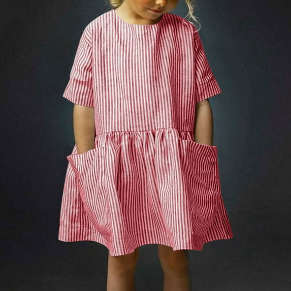 Spazoro Little and Big Girls Dresses, Short Sleeve Round Neck Solid Color with Pockets Casual Dresses for Girls Red Size 3-4 T