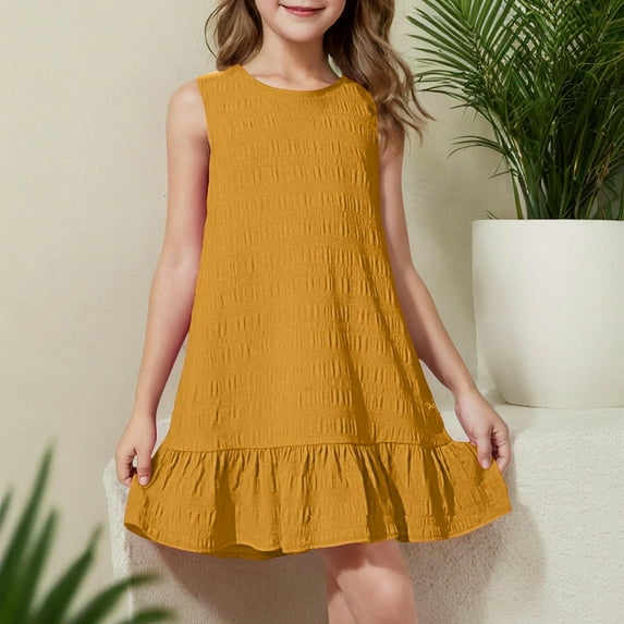 Spazoro Little and Big Girls Dresses, Solid Color Comfortable Round Neck Sleeveless Casual Dresses for Girls Yellow Size 3 T