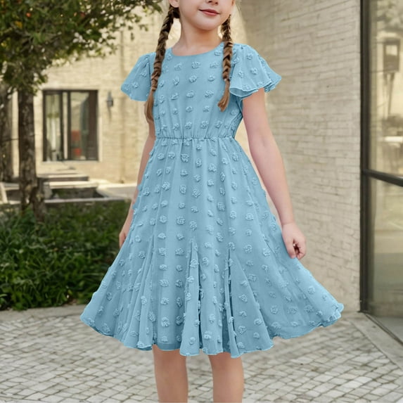 Spazoro Little and Big Girls Dresses, Solid Color Round Neck Waist Cinched Ruffle Sleeve Casual Dresses for Girls Light Blue Size 13-14T