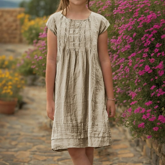 Spazoro Little and Big Girls Dresses, Solid Color V-Neck Comfortable Sleeveless Casual Dresses for Girls Beige Size 8 T