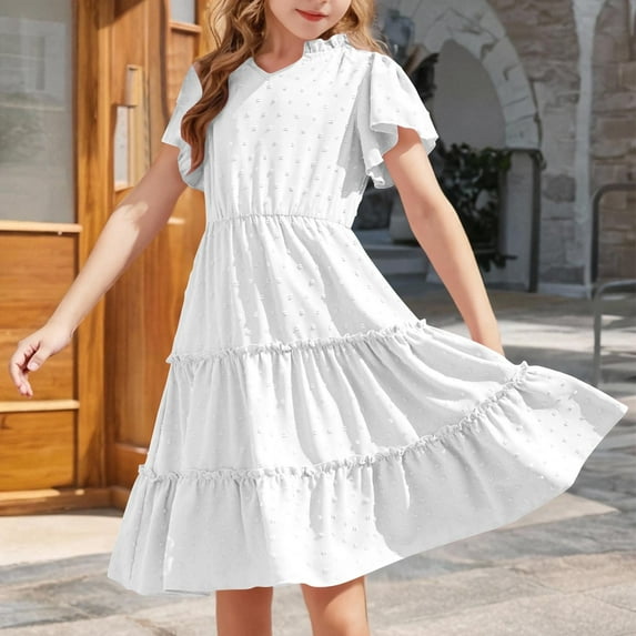 Spazoro Little and Big Girls Dresses, Solid Color Waist Cinched Round Neck Ruffle Sleeve Casual Dresses for Girls White Size 9-10T