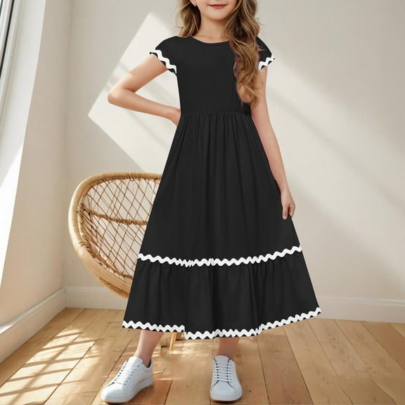 Spazoro Little and Big Girls Dresses, with Pockets Solid Color Short Sleeve Round Neck Casual Dresses for Girls Black Size 7 T