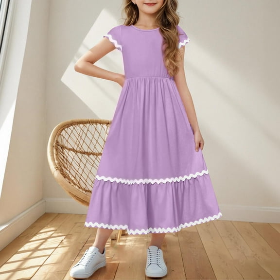 Spazoro Little and Big Girls Dresses, with Pockets Solid Color Short Sleeve Round Neck Casual Dresses for Girls Purple Size 5 T