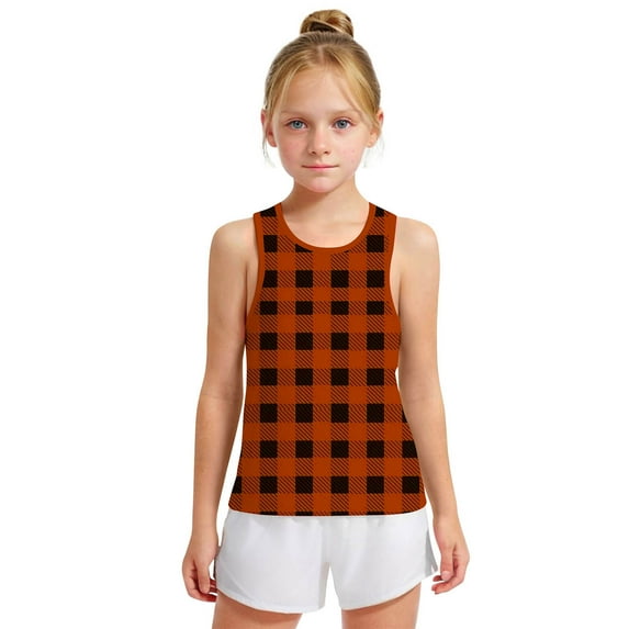 Spazoro Little and Big Girls Tank Tops Undershirts, Sleeveless Plaid Breathable Summer Camisole for Kids Girls Boys Orange Size 3 T