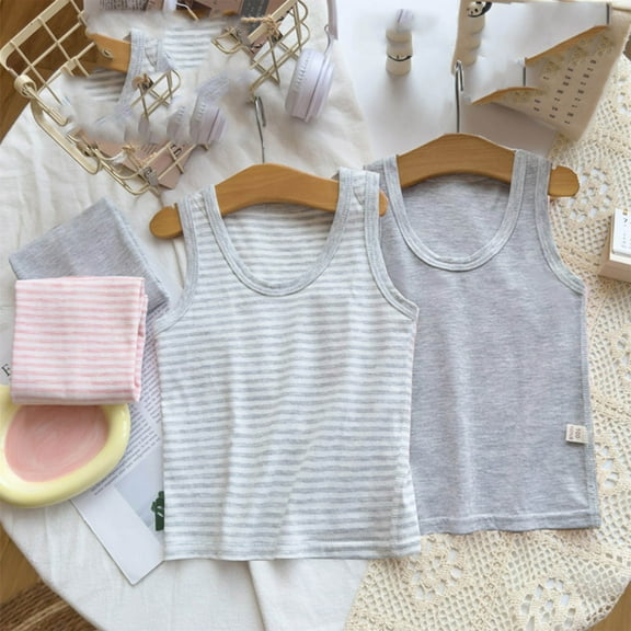 Spazoro Little and Big Girls Tank Tops Undershirts, Summer 2PC Striped Breathable Sleeveless Camisole for Kids Girls Boys Gray Size 4 T