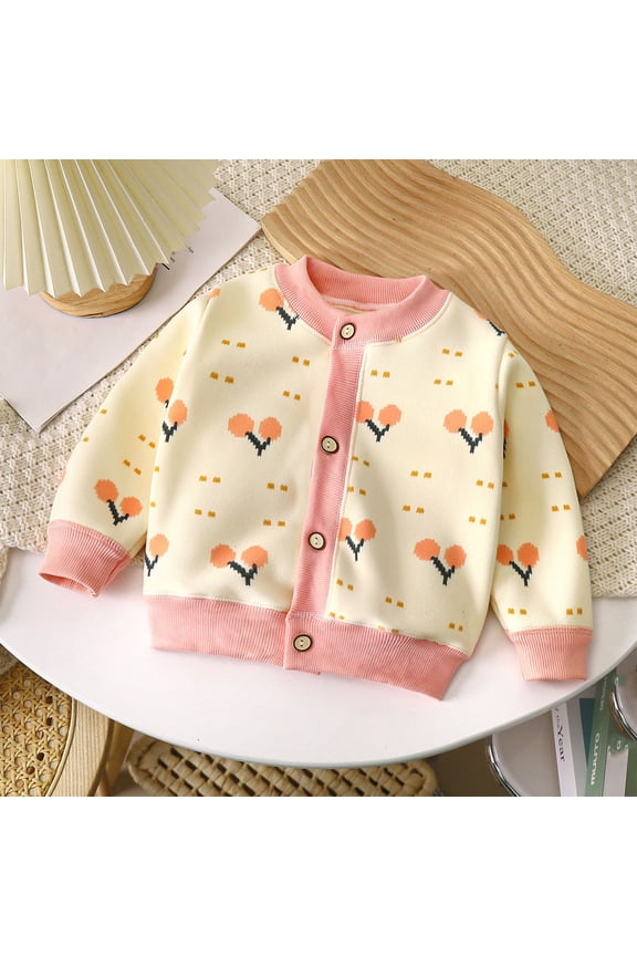 Long Sleeve Loose Sweaters For Girls, Buttondown Casual V-Neck Cute Print Toddler Baby Girls Cardigan Beige Size 6 T