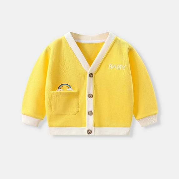 Spazoro Long Sleeve Loose Sweaters For Girls, Casual Cute Print V-Neck Buttondown Toddler Baby Girls Cardigan Yellow Size 8 T