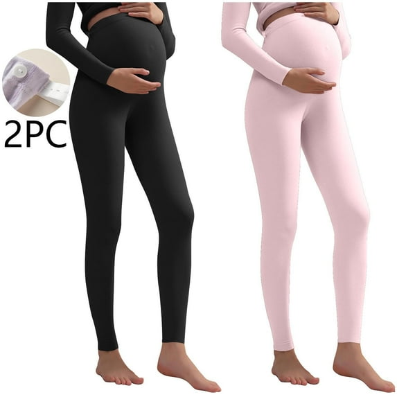 Spazoro Maternity Leggings, Stretchy Over the Belly Winter Plush Thickened 2-Pack Pregnancy Yoga Pants Activewear Khaki