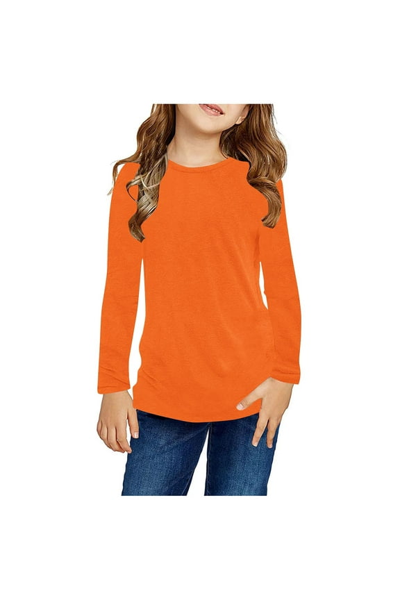 Teen Girls T Shirts, Casual Tee Crewneck Long Sleeve Spring Fall Tops Solid Color Blouses For Kids Girls Orange Size 4 T