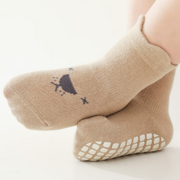 Spazoro Toddler Baby Boys Girls Soft Soled Shoes Socks, Cotton Solid Color Cute Print Soft Dispensing Non-Slip Warm Indoor Socks for Kids Girls Brown Size 0-1 T
