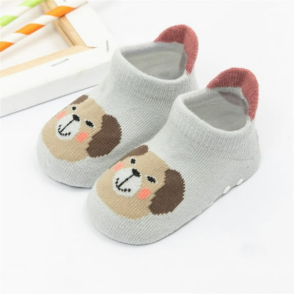 Spazoro Toddler Baby Boys Girls Soft Soled Shoes Socks, Soft Dispensing Non-Slip Cute Print Cotton Solid Color Warm Indoor Socks for Kids Girls Gray Size 3-5 T