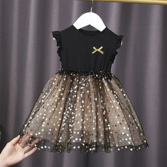 Spazoro Toddler Baby Girls Dress Skirts, Princess Pageant Party Birthday Wedding 2025 Saving Stars Sequin Sleeveless Mesh Dresses for Child Girls Black Size 1 T