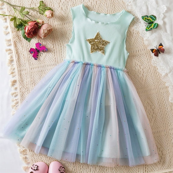 Spazoro Toddler Baby Girls Dress Skirts, Stars Sequin 2025 Saving Sleeveless Princess Pageant Party Birthday Wedding Mesh Dresses for Child Girls Light Blue Size 2 T