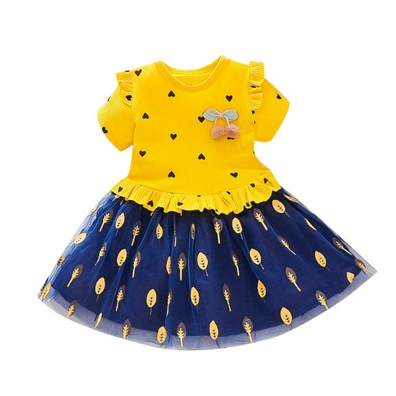 Spazoro Toddler Baby Girls Dresses, Fashion Short Sleeve Solid Color Round Neck Princess Dress for Child Girls Yellow Size 1-2T