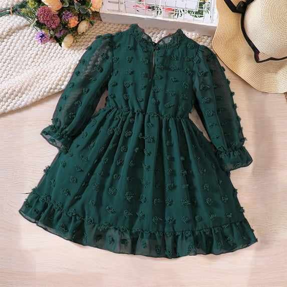 Spazoro Toddler Baby Kid Girls Dresses, Long Sleeve Elegant Round Neck Flower Princess Dress Green Size 4T