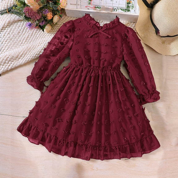 Spazoro Toddler Baby Kid Girls Dresses, Long Sleeve Flower Round Neck Elegant Princess Dress Red Size 7T