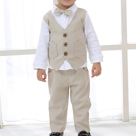 Spazoro Toddler Boys 3-Piece Suit Set, 3-Button Classic Solid Shirt+Pants+Bow Formal Dress Set for Wedding Khaki Size 3 T