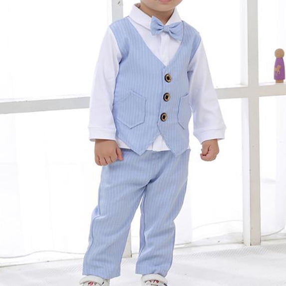 Spazoro Toddler Boys 3-Piece Suit Set, Shirt+Pants+Bow Classic Solid 3-Button Formal Dress Set for Wedding Light Blue Size 2 T