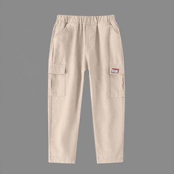 Spazoro Toddler Boys Cargo Pants, Solid Color Multi-Pockets Elastic Waist Baggy Cotton Casual Jogger for Boys Beige Size 7 T