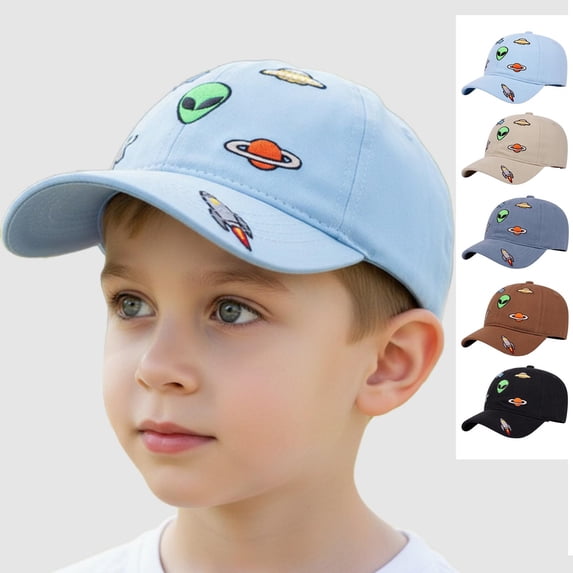 Spazoro Toddler Boys Girls Baseball Cap, Adjustable Breathable Perforated Alien Print Washed Cotton Hat for Summer Protection Light Blue