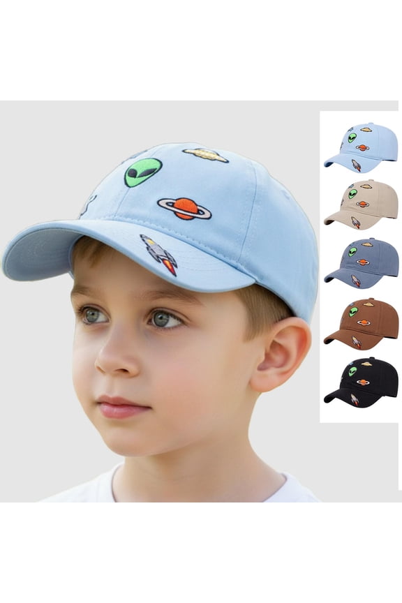 Toddler Boys Girls Baseball Cap, Adjustable Breathable Perforated Alien Print Washed Cotton Hat for Summer Protection Light Blue