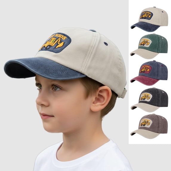 Spazoro Toddler Boys Girls Baseball Cap, Perforated Adjustable Breathable Excavator Print Washed Cotton Hat for Summer Protection Beige