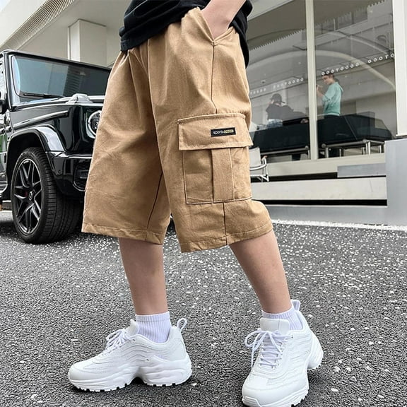 Spazoro Toddler Boys Girls Cargo Shorts, Elastic Waist Solid Color with Pockets Summer Casual Shorts for Boys Khaki Size 6 T
