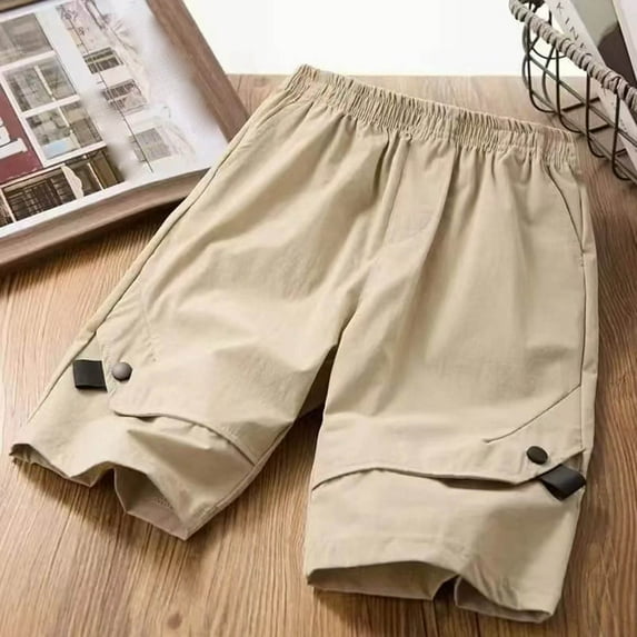 Spazoro Toddler Boys Girls Cargo Shorts, Elastic Waist Summer with Pockets Solid Color Casual Shorts for Boys Khaki Size 7-8T