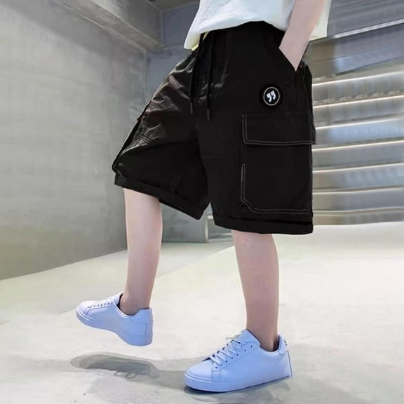 Spazoro Toddler Boys Girls Cargo Shorts, Solid Color with Pockets Elastic Waist Summer Casual Shorts for Boys Black Size 13 T