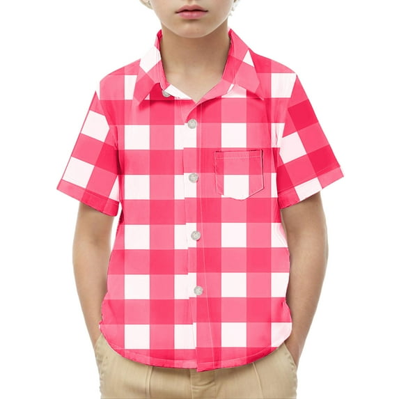 Spazoro Toddler Boys Plaid Shirts, Button Down with Pocket Turndown Collar Short Sleeve School Uniform Shirt Hot Pink Size 2 T